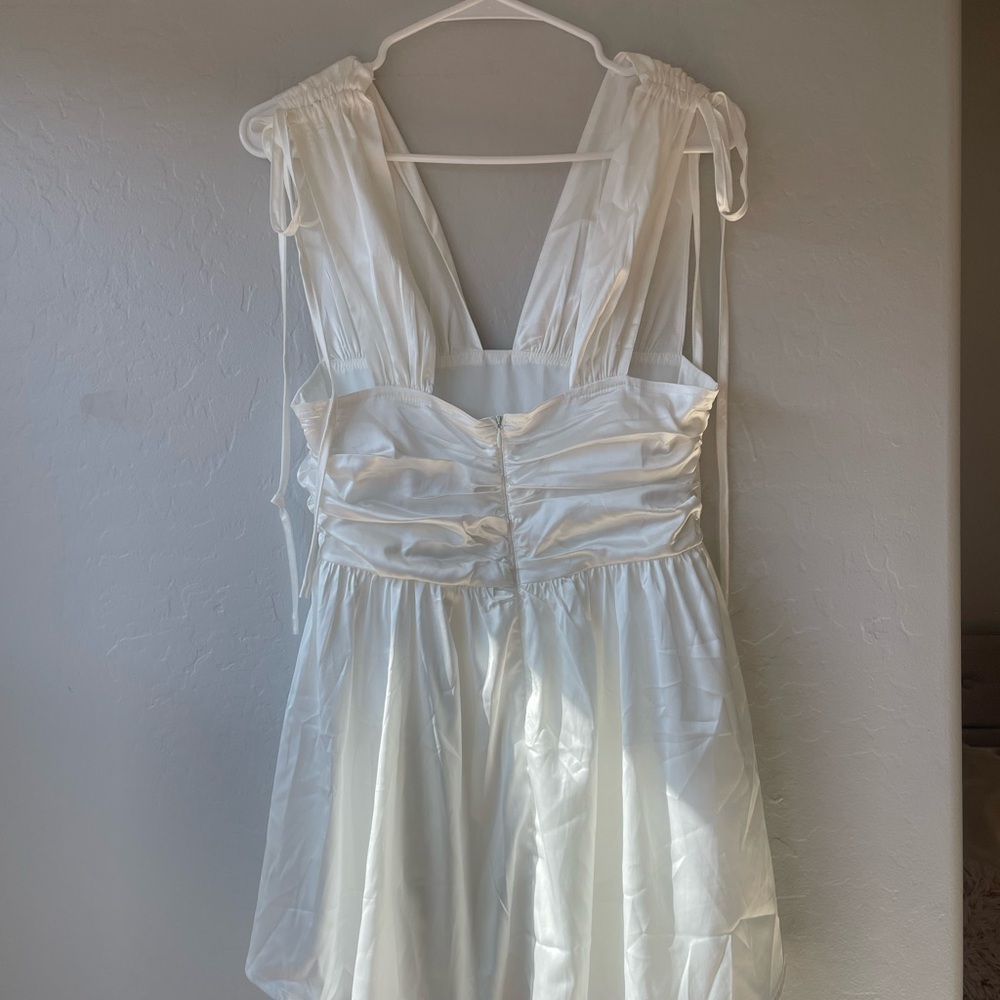 Cider- French Riviera Vacation Solid Satin Ruched Mini Dress - Picture 3 of 5